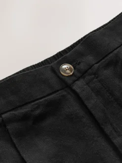 Black Regular Fit Cotton Linen Blend Elasticated Back Trousers