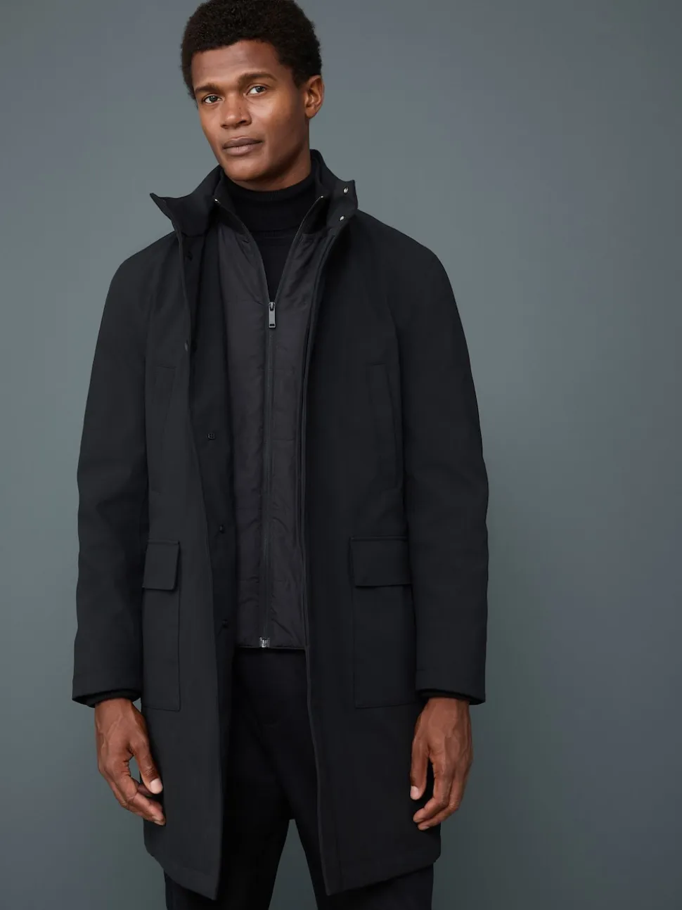 Black Regular Fit Drytech Waterproof Quilted Funnel Neck Coat