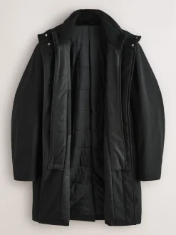 Black Regular Fit Drytech Waterproof Quilted Funnel Neck Coat