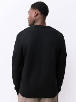 Black Regular Fit Embroidered Chest Motif Cardigan