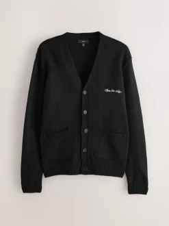 Black Regular Fit Embroidered Chest Motif Cardigan