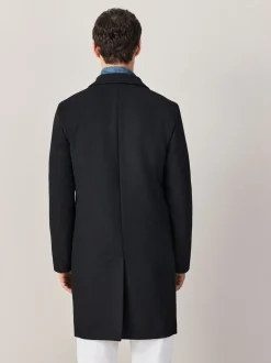 Black Regular Fit Epsom Overcoat with Wool