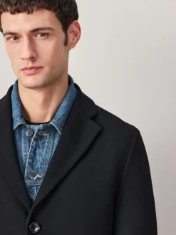 Black Regular Fit Epsom Overcoat with Wool