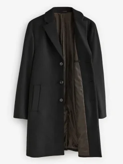 Black Regular Fit Epsom Overcoat with Wool