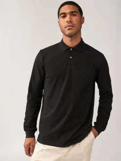 Black Regular Fit Long Sleeve Pique Polo Shirt