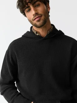 Black Regular Fit Rib Chenille Knit Overhead Hoodie