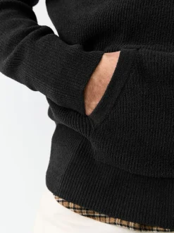 Black Regular Fit Rib Chenille Knit Overhead Hoodie