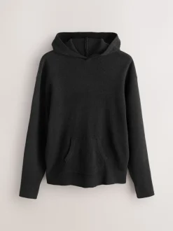 Black Regular Fit Rib Chenille Knit Overhead Hoodie