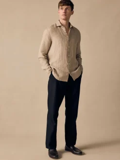 Black Regular Fit Smart Linen Cotton Blend Belted Trousers