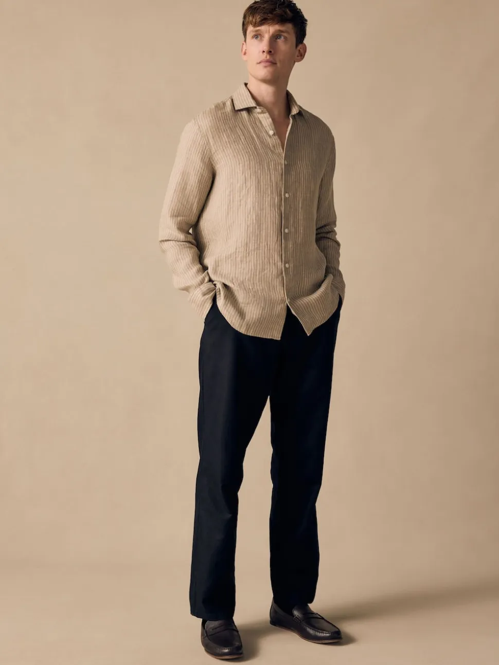 Black Regular Fit Smart Linen Cotton Blend Belted Trousers