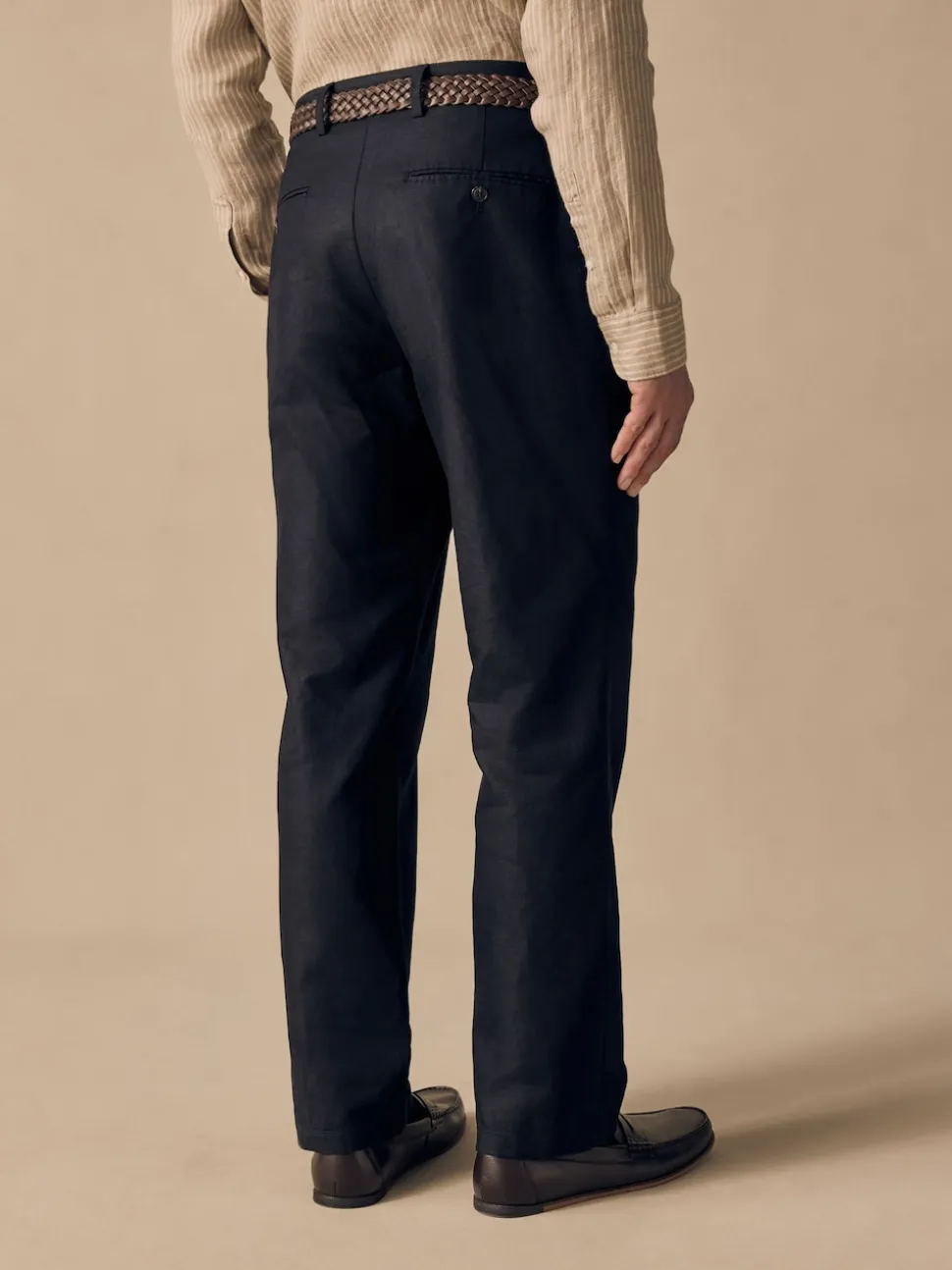 Black Regular Fit Smart Linen Cotton Blend Belted Trousers