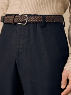 Black Regular Fit Smart Linen Cotton Blend Belted Trousers