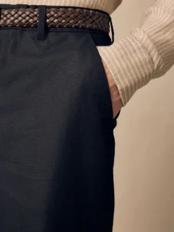 Black Regular Fit Smart Linen Cotton Blend Belted Trousers