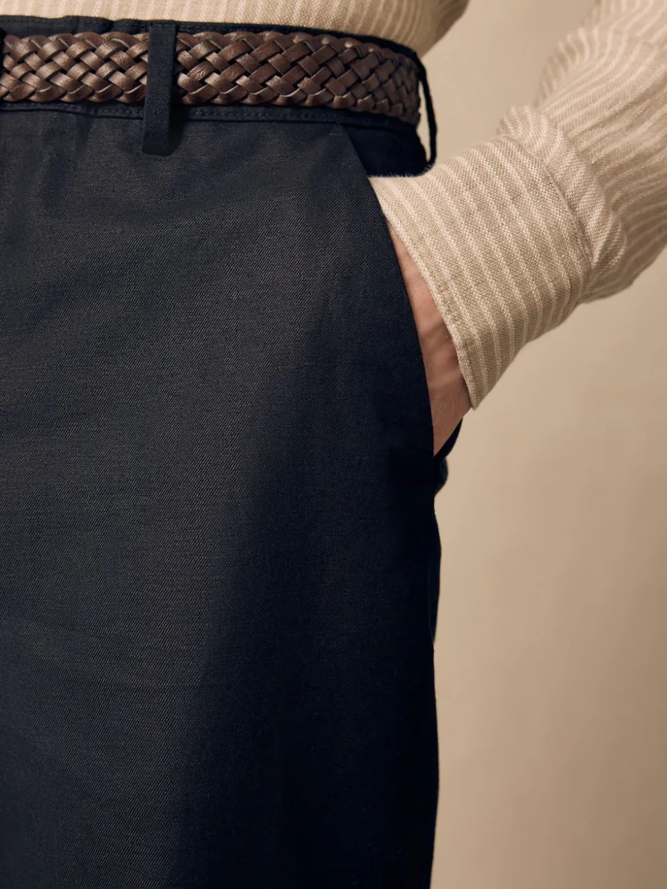 Black Regular Fit Smart Linen Cotton Blend Belted Trousers