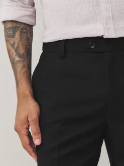 Black Regular Fit Smart Textured Trousers With Stretch Waistband