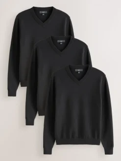 Black Regular Fit Soft Touch V-Neck Jumpers 3 Pack