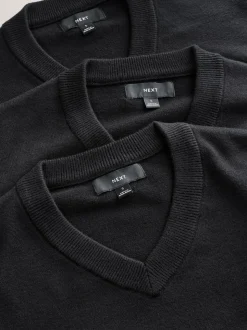 Black Regular Fit Soft Touch V-Neck Jumpers 3 Pack