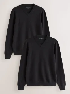 Black Regular Fit Soft Touch V-Neck Jumpers 2 Pack