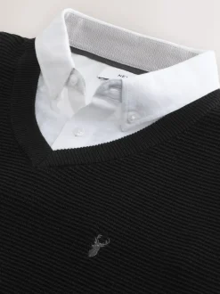 Black Regular Fit Textured Oxford Mock Shirt Jumper