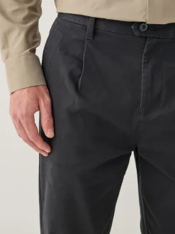 Black Regular Tapered Fit Single Pleated Stretch Chinos Trousers