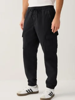 Black Regular Tapered Fit Cotton Stretch Cargo Trousers