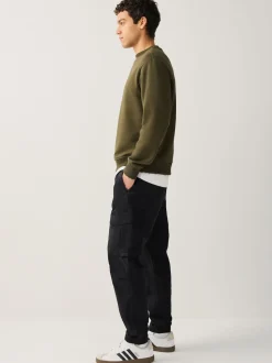Black Regular Tapered Fit Cotton Stretch Cargo Trousers