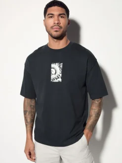 Black Relaxed Fit Japanese Surf Graphic Print T-Shirt
