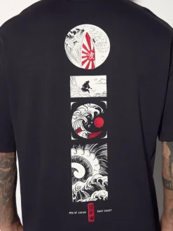 Black Relaxed Fit Japanese Surf Graphic Print T-Shirt