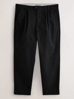 Black Relaxed Tapered Fit Twin Pleated Stretch Chinos Trousers