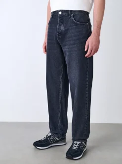 Black Relaxed Tapered Fit Vintage Wash Denim Jeans