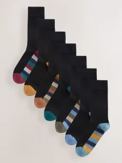 Black Rugby Stripe 7 Pack Cotton Rich Socks