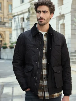 Black Shower Resistant Diamond Quilt Corduroy Collared Jacket