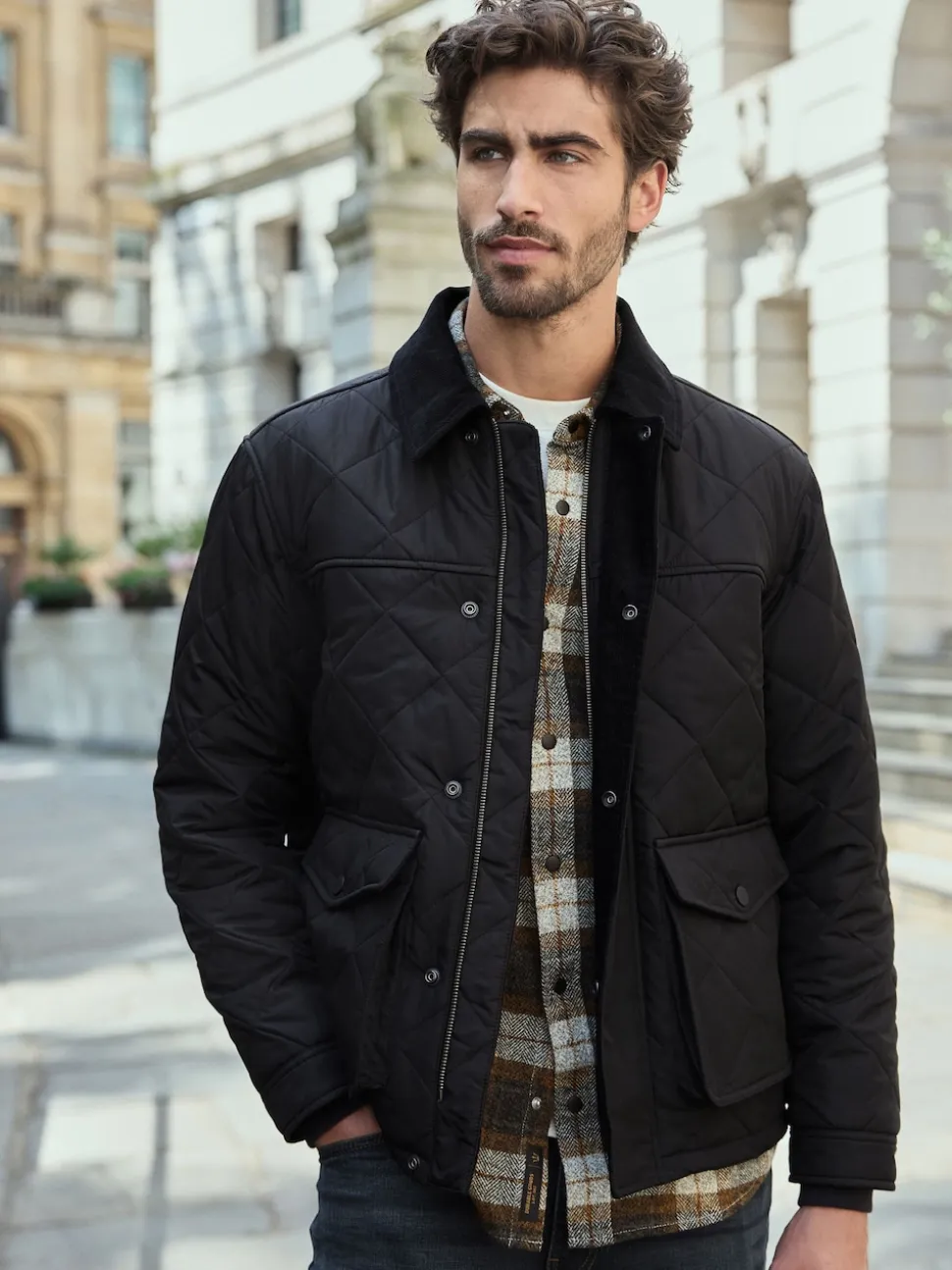 Black Shower Resistant Diamond Quilt Corduroy Collared Jacket