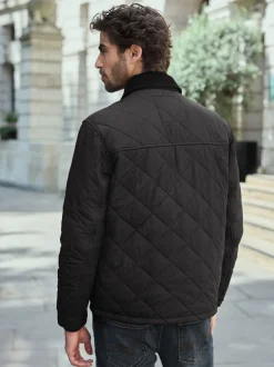 Black Shower Resistant Diamond Quilt Corduroy Collared Jacket
