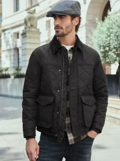 Black Shower Resistant Diamond Quilt Corduroy Collared Jacket