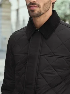 Black Shower Resistant Diamond Quilt Corduroy Collared Jacket