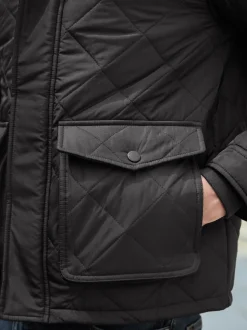 Black Shower Resistant Diamond Quilt Corduroy Collared Jacket