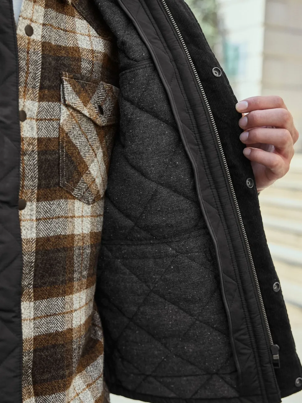 Black Shower Resistant Diamond Quilt Corduroy Collared Jacket