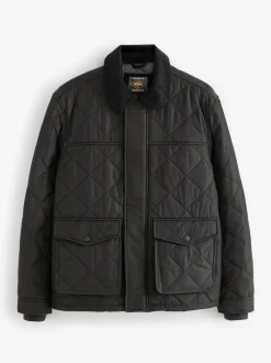 Black Shower Resistant Diamond Quilt Corduroy Collared Jacket