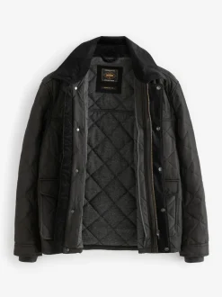 Black Shower Resistant Diamond Quilt Corduroy Collared Jacket