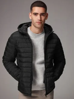 Black Shower Resistant Lightweight Hooded Puffer Coat Jacket