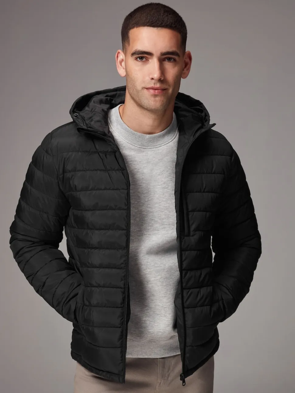 Black Shower Resistant Lightweight Hooded Puffer Coat Jacket