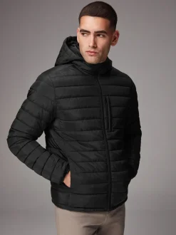 Black Shower Resistant Lightweight Hooded Puffer Coat Jacket