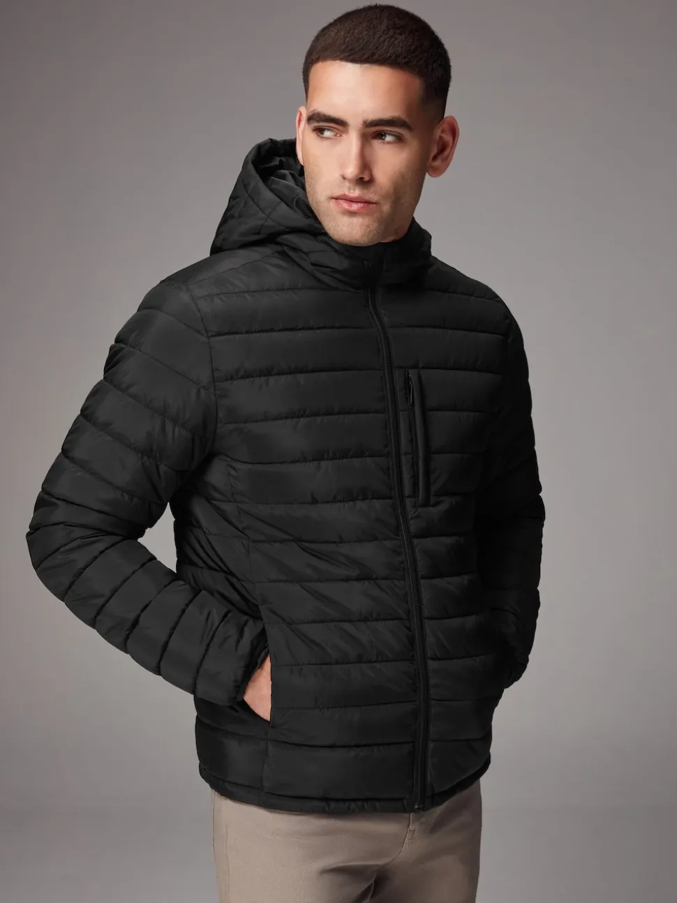 Black Shower Resistant Lightweight Hooded Puffer Coat Jacket