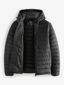 Black Shower Resistant Lightweight Hooded Puffer Coat Jacket
