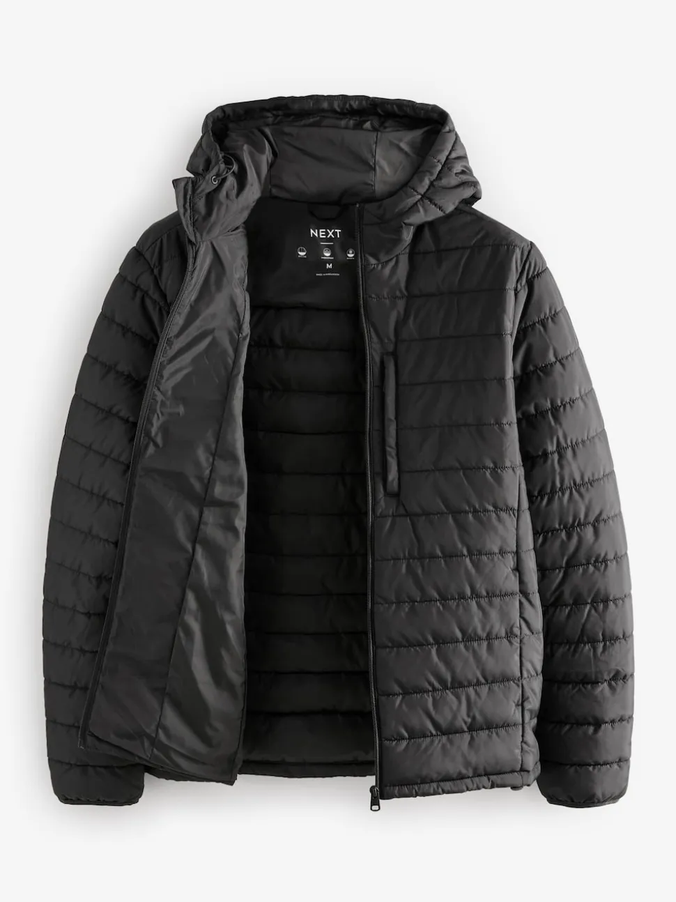 Black Shower Resistant Lightweight Hooded Puffer Coat Jacket