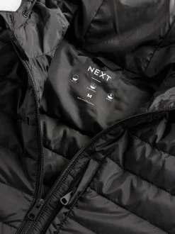 Black Shower Resistant Lightweight Hooded Puffer Coat Jacket
