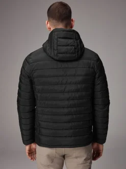 Black Shower Resistant Lightweight Hooded Puffer Coat Jacket