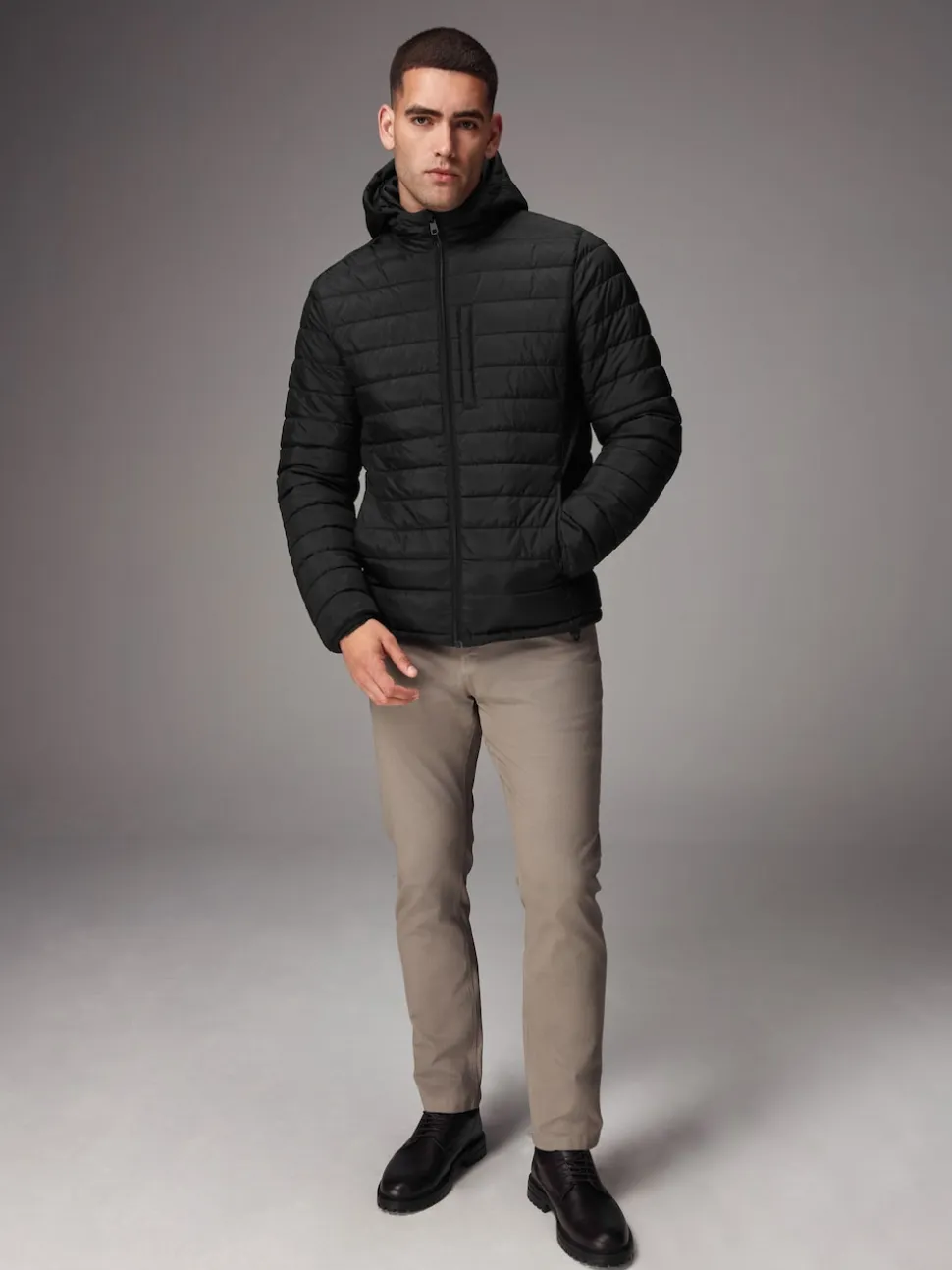 Black Shower Resistant Lightweight Hooded Puffer Coat Jacket