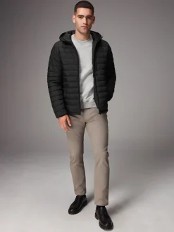 Black Shower Resistant Lightweight Hooded Puffer Coat Jacket